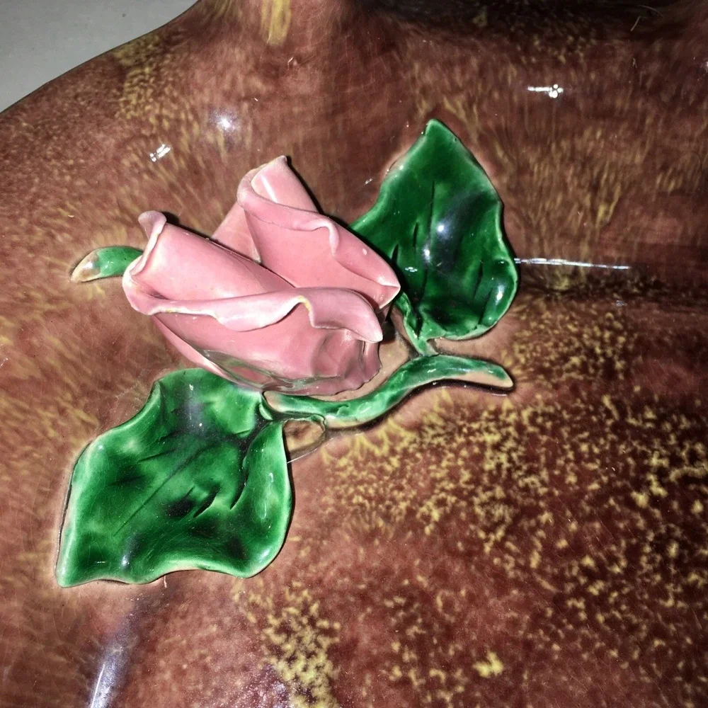 Vintage HAND THROWN POTTERY BOWL DISH APPLIED 3- D PINK ROSES